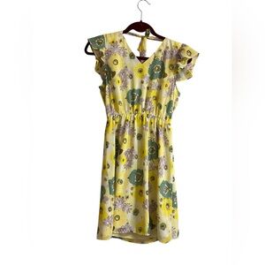 Ann Taylor Yellow Floral Flutter Sleeve Silk Dress - Back Tie Motif, Size M